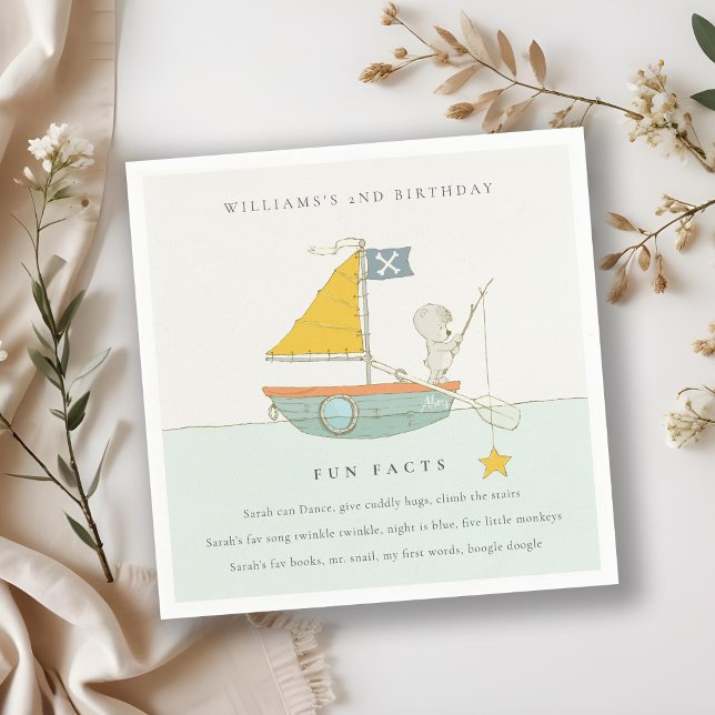 Cute Fishing Bear Star Sailboat Fun Facts Birthday Napkin (Creator Uploaded)