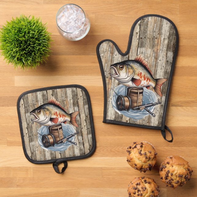 Cute fishing cabin lake house kitchen fish  oven mitt & pot holder set (Top Down)