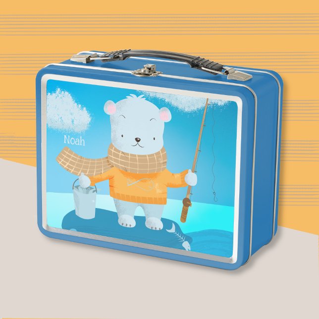 Cute Fishing Polar Bear Kid Metal Lunchbox (Cute fishing polar bear kid personalized metal lunch box .
)