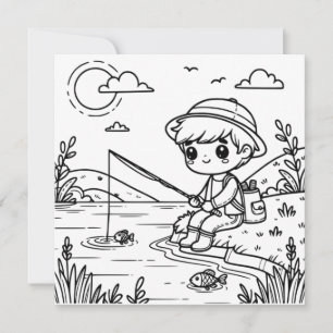 Cute Fishing Themed Coloring Card for Kids