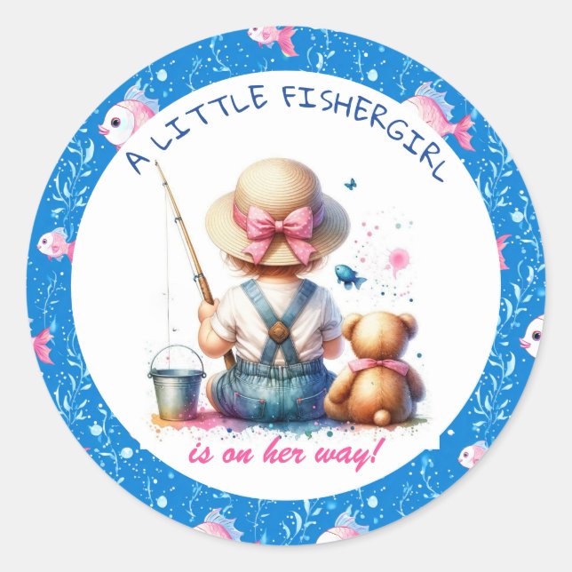 Cute Fishing Themed Girl's Baby Shower  Classic Round Sticker (Front)