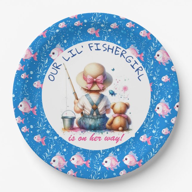 Cute Fishing Themed Girl's Baby Shower  Paper Plate (Front)