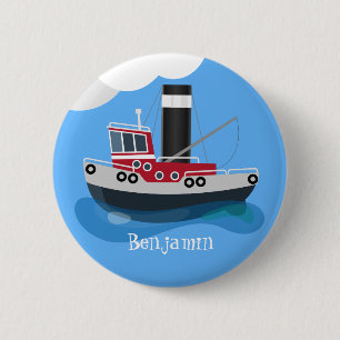 Cute fishing trawler boat cartoon illustration 6 cm round badge