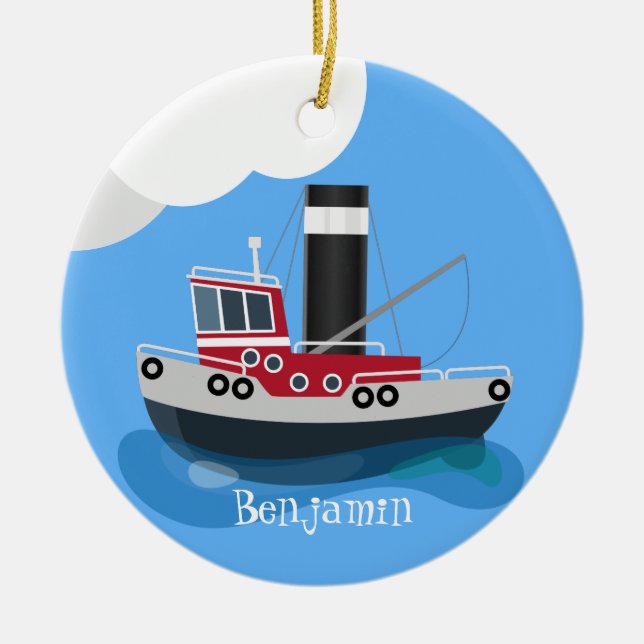 Cute fishing trawler boat cartoon illustration ceramic tree decoration (Front)