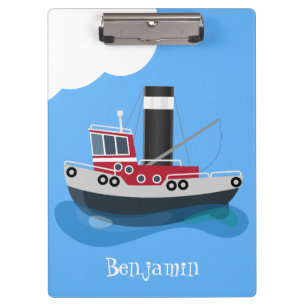 Cute fishing trawler boat cartoon illustration clipboard
