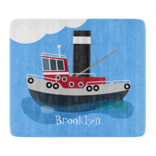 Cute fishing trawler boat cartoon illustration cutting board