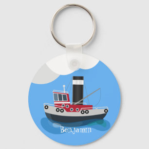 Cute fishing trawler boat cartoon illustration key ring