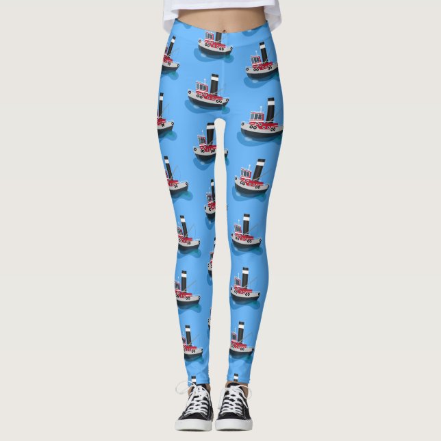 Cute fishing trawler boat cartoon illustration leggings (Front)
