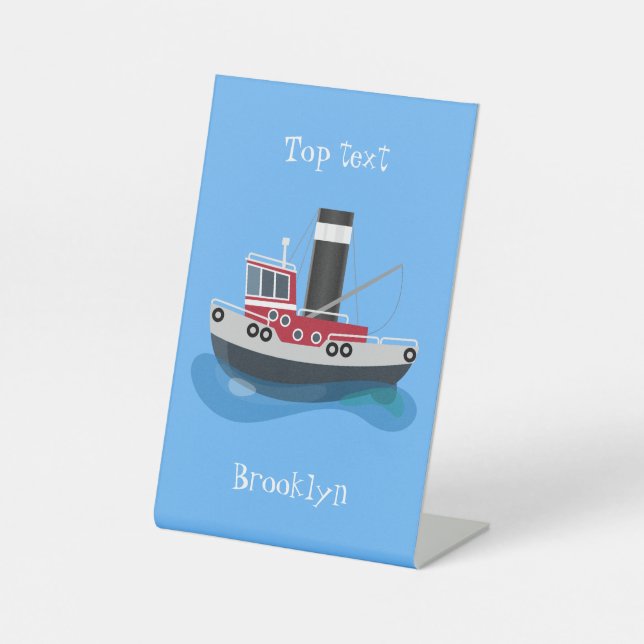 Cute fishing trawler boat cartoon illustration pedestal sign (Front)