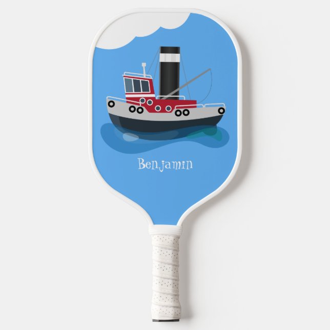 Cute fishing trawler boat cartoon illustration  pickleball paddle (Front)
