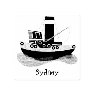 Cute fishing trawler boat cartoon illustration rubber stamp