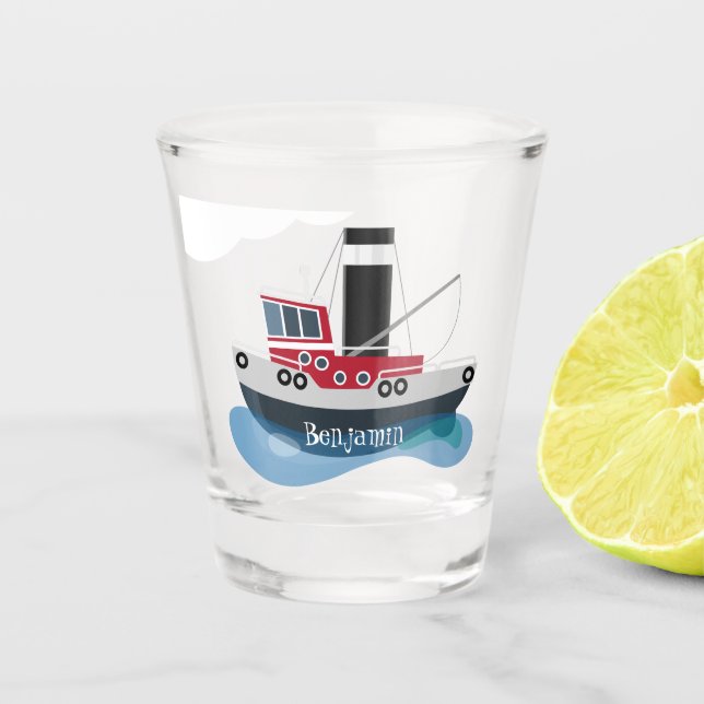Cute fishing trawler boat cartoon illustration  shot glass (Front)