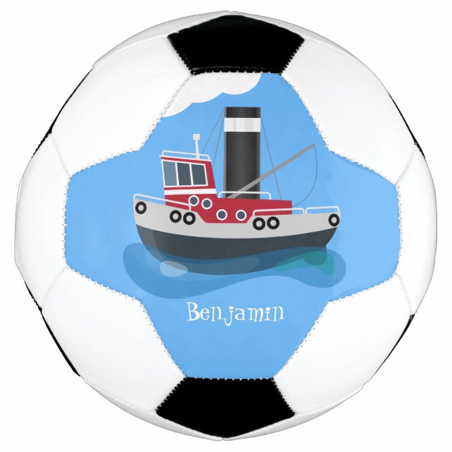 Cute fishing trawler boat cartoon illustration soccer ball (Front)