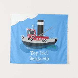 Cute fishing trawler boat cartoon illustration tapestry