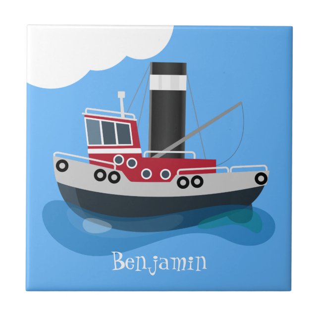 Cute fishing trawler boat cartoon illustration tile (Front)