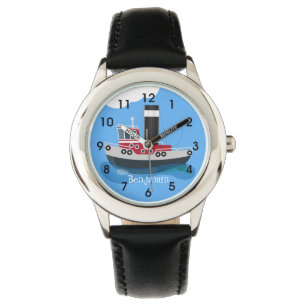 Cute fishing trawler boat cartoon illustration watch