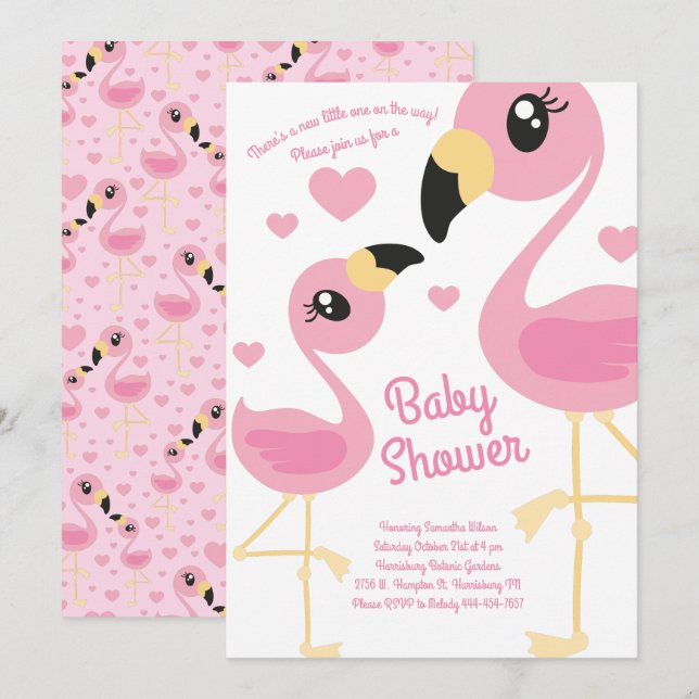 Cute Flamingo Baby Shower Tropical Beach Pink Girl Invitation (Front/Back)