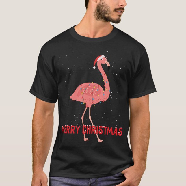 Cute flamingo Christmas Tree Lights T-Shirt (Front)