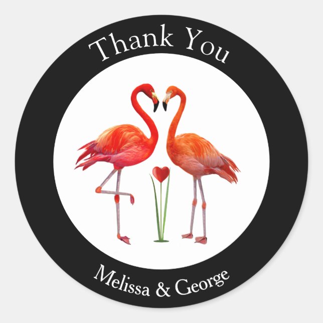 Cute Flamingo Couple Thank You on Black & White Classic Round Sticker (Front)