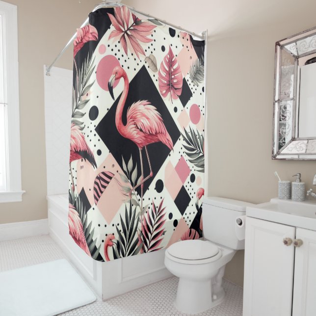 Cute Flamingo Geometric Shower Curtain (In Situ)