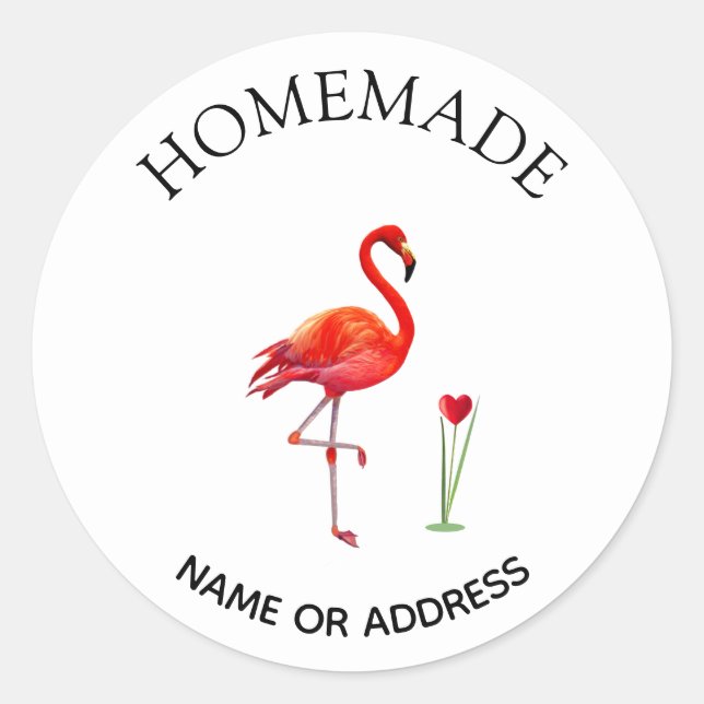 Cute Flamingo & Heart Homemade Classic Round Sticker (Front)