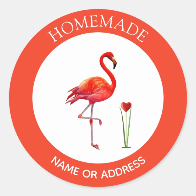 Cute Flamingo on Coral & White Homemade Classic Round Sticker (Front)