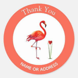 Cute Flamingo on Coral & White Thank You Classic Round Sticker