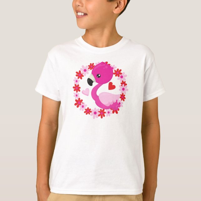 Cute Flamingo, Pink Flamingo, Bird, Flowers, Heart T-Shirt (Front)