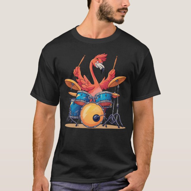 Cute Flamingo Playing Drums Flamingos Drummer Musi T-Shirt (Front)