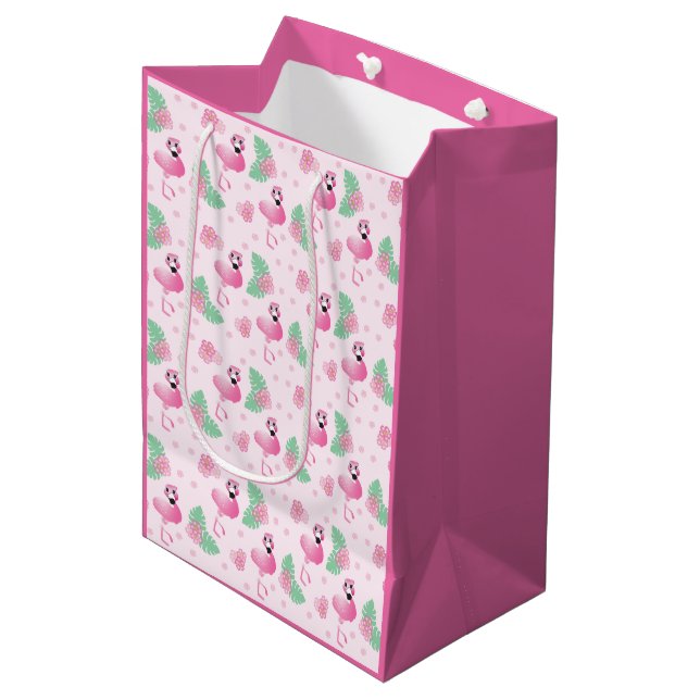 Cute Flamingo Tropical Leaf Flowers Pattern Pink Medium Gift Bag (Front Angled)