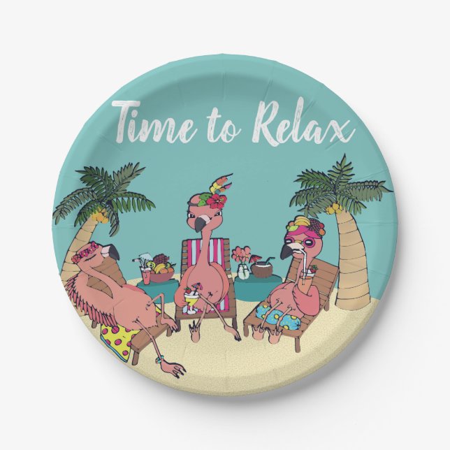 Cute Flamingo Tropical Vacation | Time to Relax Paper Plate (Front)