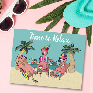 Cute Flamingo Tropical Vacation   Time to Relax Postcard