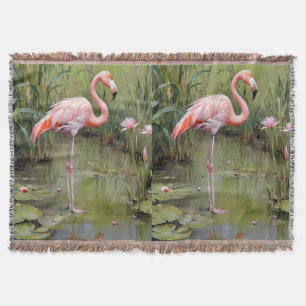 Cute Flamingo Water Lilies And Reeds Oil Painting, Throw Blanket