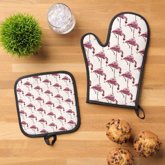 Cute Flamingo Wine Drinker Pattern Oven Mitt & Pot Holder Set (Top Down)