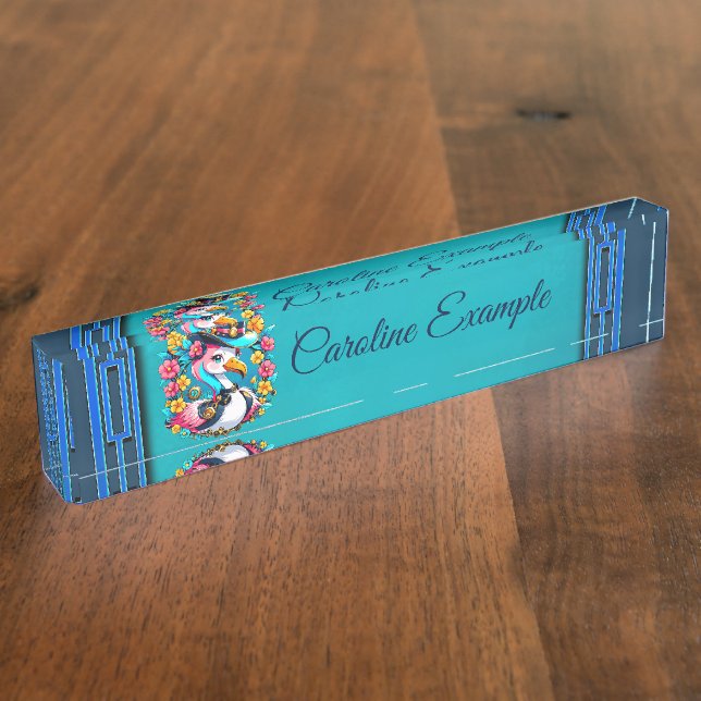 Cute flamingo with a colourful summer hat nameplate (Side)