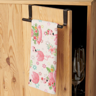 Cute flamingos and tropical flowers tea towel
