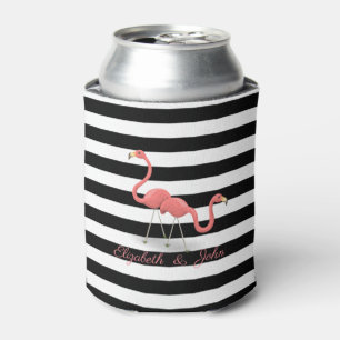 Cute Flamingos ,Black White Stripes,Personalised Can Cooler
