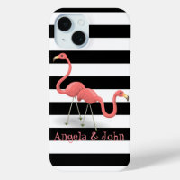 Cute Flamingos, Black, White Stripes Personalised