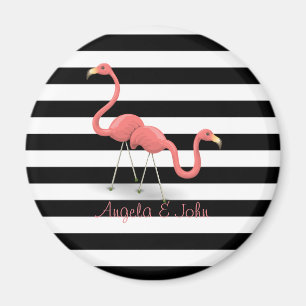Cute Flamingos, Black, White Stripes Personalised Magnet