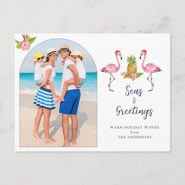 Cute Flamingos Christmas photo Holiday Postcard (Front)