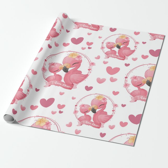 Cute Flamingos I Love Mum Wrapping Paper (Unrolled)