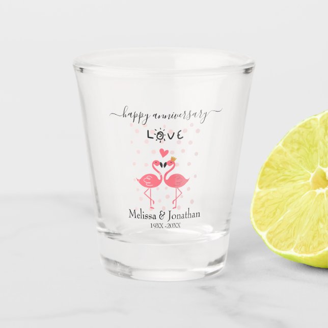Cute Flamingos in Love Anniversary Shot Glass (Front)