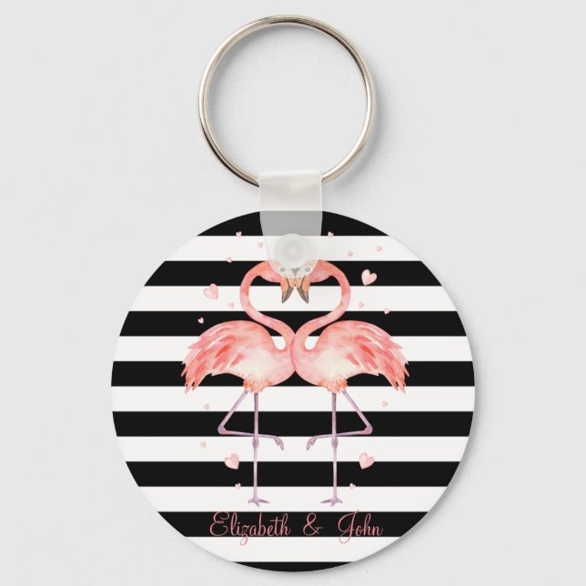 Cute Flamingos In Love ,Black White Stripes   Key Ring (Front)