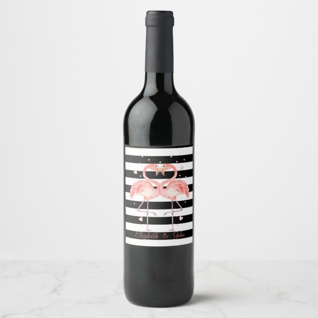 Cute Flamingos In Love,Black White Stripes  Wine Label (Front)
