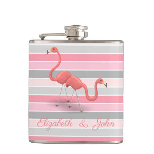 Cute Flamingos , Stripes,Personalised Hip Flask