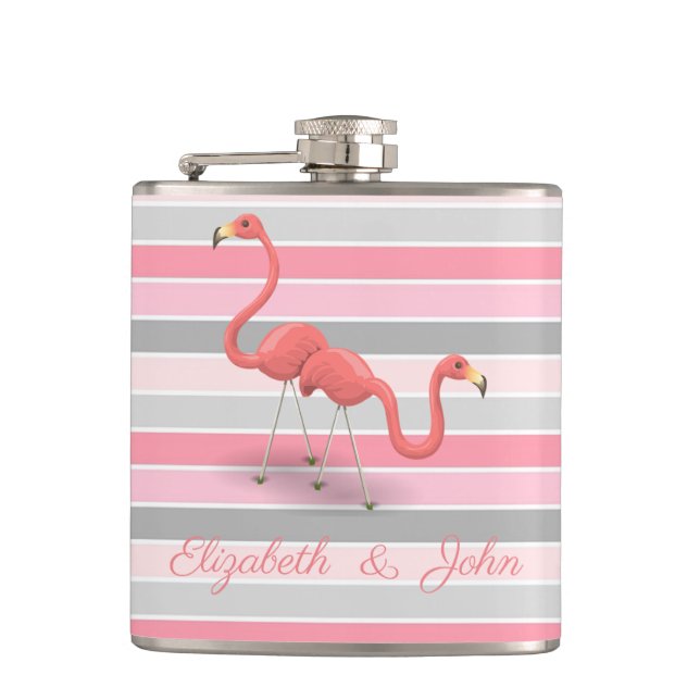 Cute  Flamingos , Stripes,Personalised Hip Flask (Front)