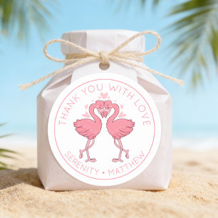 Cute Flamingos Tropical Beach Wedding Thank You Classic Round Sticker