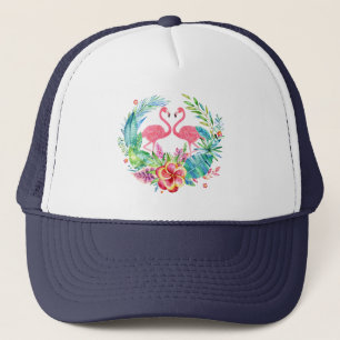 Cute Flamingos & Tropical Flowers Wreath Trucker Hat