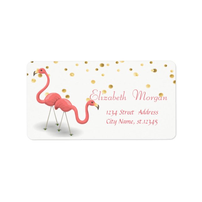 Cute Flamingos, White,Faux Gold Foil Confetti Label (Front)