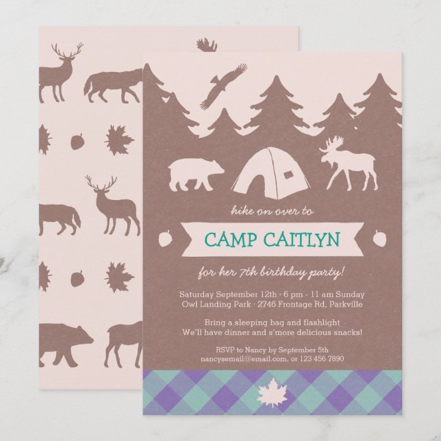 Cute Flannel Girls Camping Birthday Party Invite (Front/Back)
